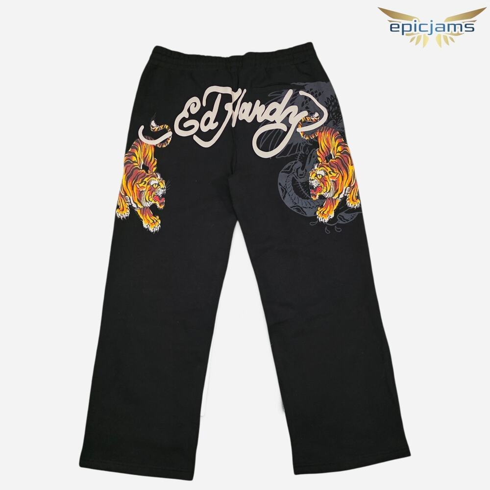 Ed Hardy Men's Y2K Black Tigger Sweatpants Joggers Size Large New